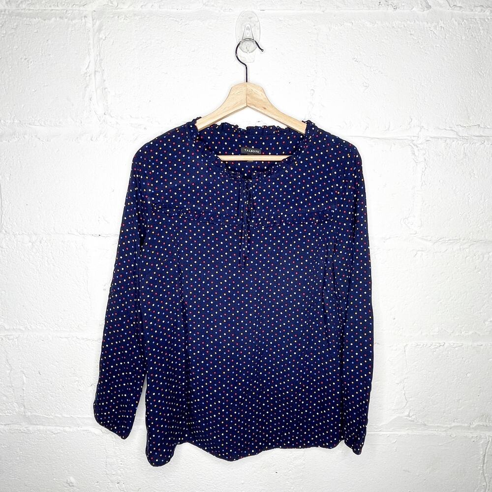 Talbots Women's Polka Dot Ruffle Long Sleeve Navy Blue Blouse Size Medium